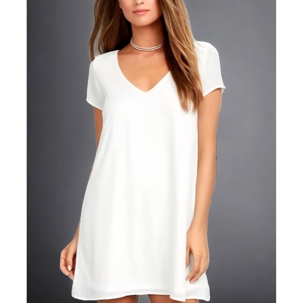 Lulus White‎ V-Neck Short Sleeve Shift Mini Dress NWT Size Small FLAWED